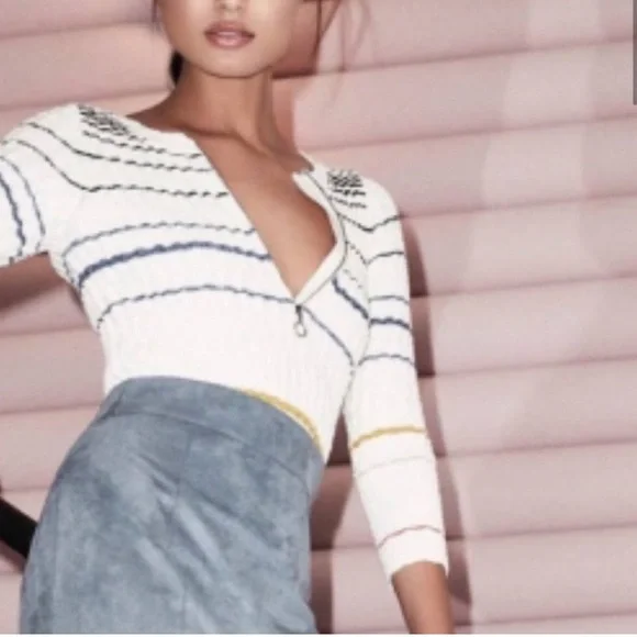 Free People multi colored STRIPED Henley ROSSI Ribbed Sweater Sz L - Picture 1 of 9